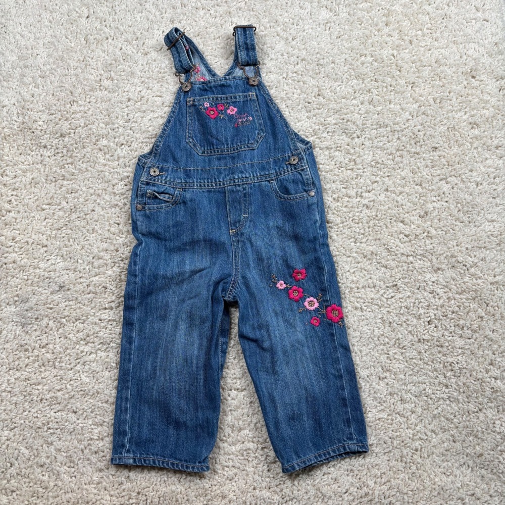 OshKosh Bgosh Girls Denim Floral Embroidered Overalls Blue‎ 24 Months